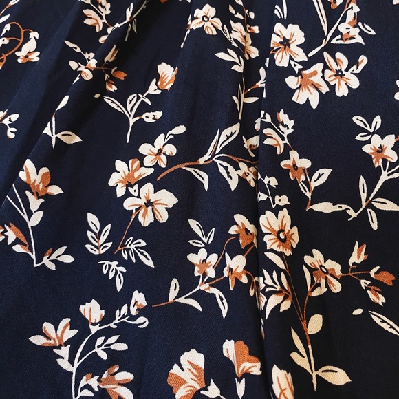 Floral Plunge Neck, A-line Navy Dress - Picture 3 of 4